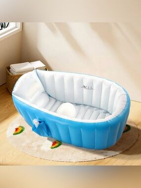 New Inflatable Blue Baby Bath Tub with Soft White Interior